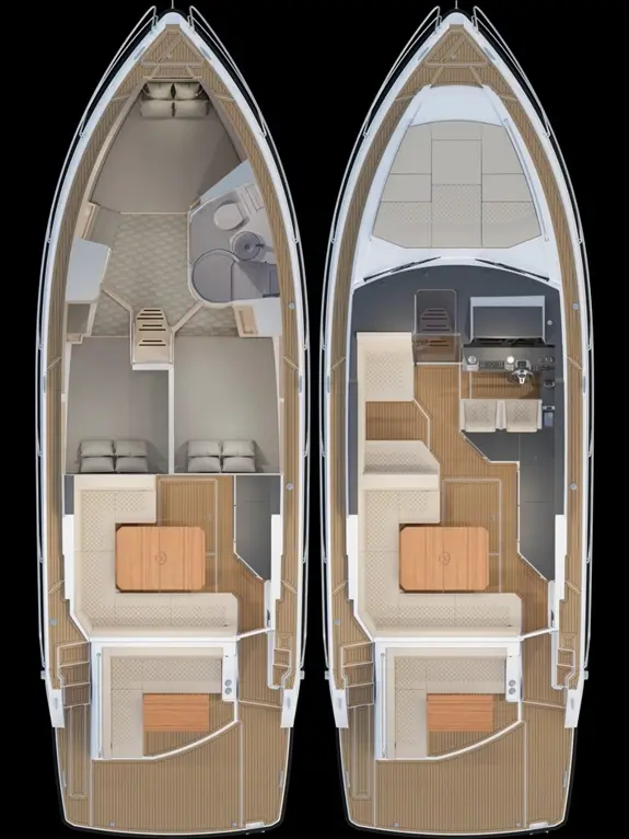 Top view of two boat layouts featuring seating areas, kitchen, sleeping quarters, and a bathroom in a modern design.